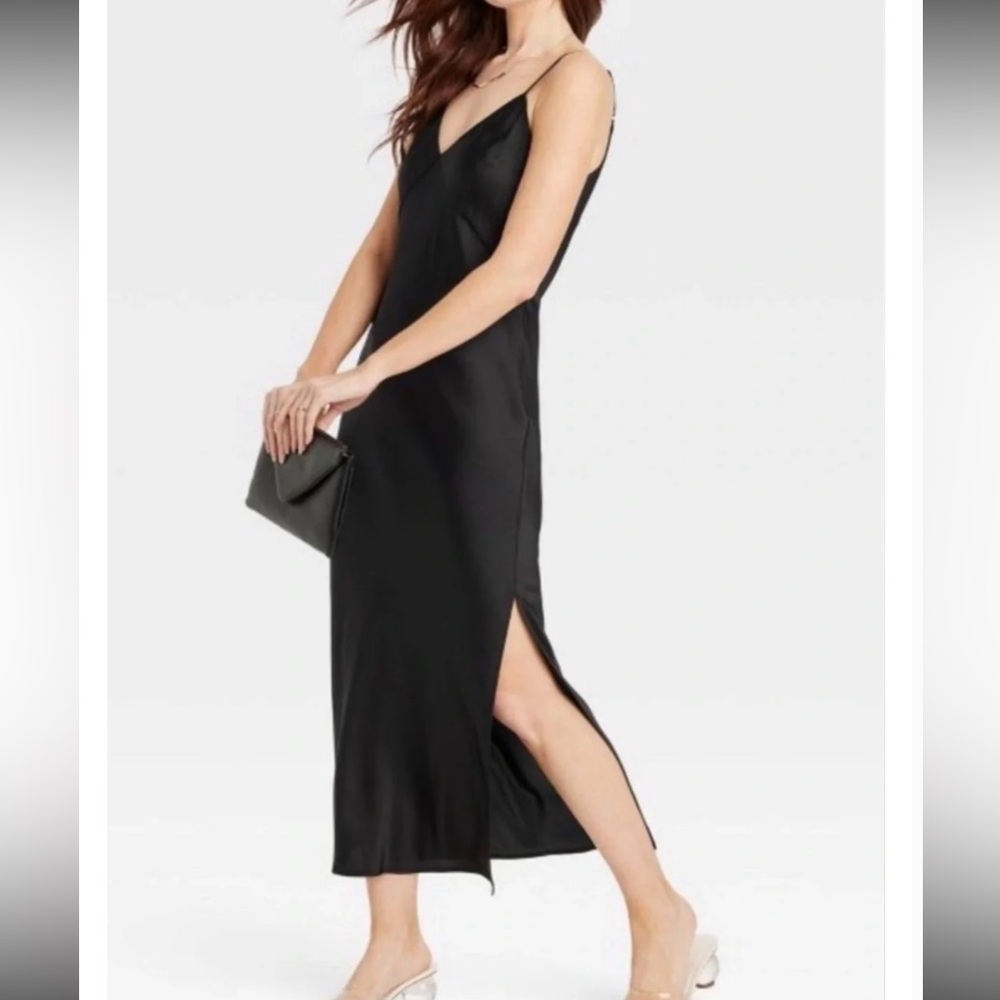 a new day Black Satin V-Neck Slip Dress Size XS Adjustable Straps